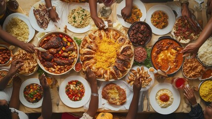Overhead View of a Large Feast with Various Dishes