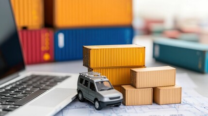 Concept about e-commerce and marketplace. Miniature Cargo Containers and Van on Laptop Keyboard Representing Global Logistics and Shipping