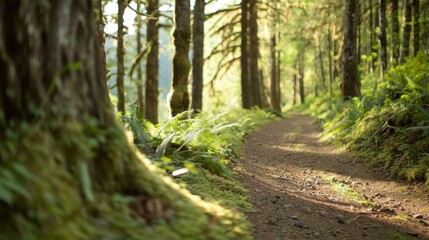 Fototapeta premium Serene Woodland Retreat, a tranquil trail enveloped by towering trees, dappled sunlight filtering through leaves, soft moss underfoot, inviting peaceful exploration and reflection.