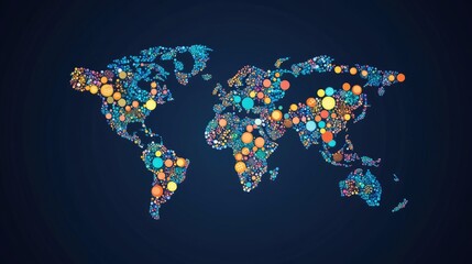 Obraz premium A colorful world map made of dots on a dark blue background.