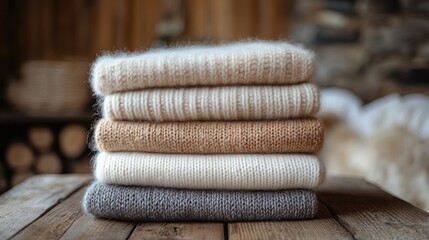 A neatly folded stack of cozy sweaters on a wooden surface, soft textures and neutral tones 