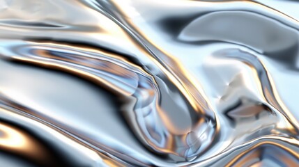 Futuristic chrome landscape, sleek metallic surfaces, smooth fluid reflections, dynamic interplay of light and shadow, modern aesthetic, high-tech ambiance.