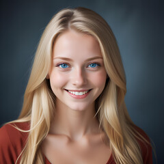 Fototapeta premium a 25 year old caucasian woman with long blonde wavy hair, blue eyes, smiling a gainst a dark background