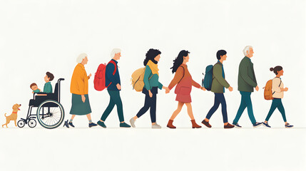 Obraz premium Diverse group of people walking together, including a young boy in a wheelchair and a dog, symbolizing unity and inclusion.