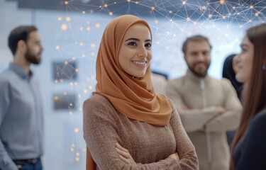 A diverse team participates in a business conference led by a Muslim woman with digital technology and colorful elements creating an innovative atmosphere