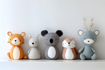 Naklejka premium Five adorable stuffed animal toys sitting on a white shelf.