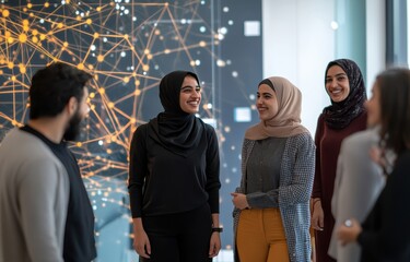 Obraz premium In a bright office conference room a diverse team with a Muslim woman at the helm engages in a business workshop surrounded by digital technology and code