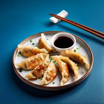 Japanese fried gyoza dumplings with soy sauce on blue background