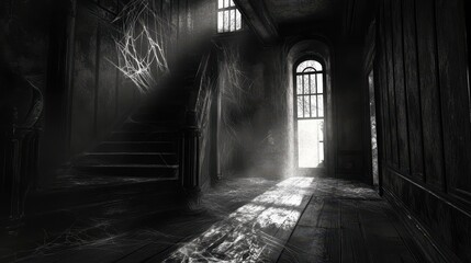 Eerie Abandoned Hallway with Sunlight Rays Streaming Through the Window