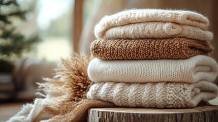 A stack of warm, chunky sweaters in neutral tones, folded and placed on a wooden surface