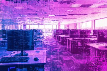 An Empty Office Space with Computers and a Digital Glitch Effect
