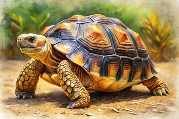 Obraz premium Softly rendered watercolor painting brings to life the majestic radiated tortoise, its radiant shell glowing with subtle, blended hues.