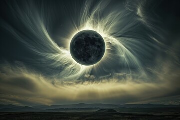 Surreal eclipse over mystical landscape