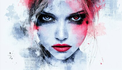Watercolor Portrait of a Woman with Red Lips and Bold Eyes