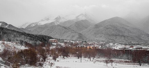 Bansko town in Pirin National Park after snowfall