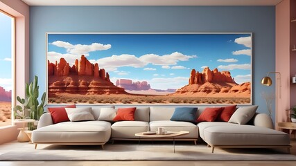 "Transform your space with our 3D illustrated poster frame, adding a touch of contemporary elegance to your living room's Scandinavian aesthetic."A panoramic view of the Arizona desert, with towering 