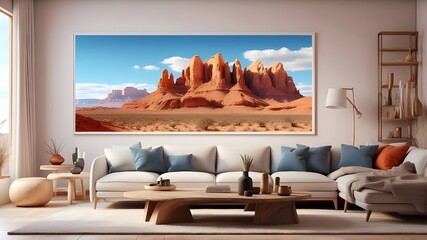 "Transform your space with our 3D illustrated poster frame, adding a touch of contemporary elegance to your living room's Scandinavian aesthetic."A panoramic view of the Arizona desert, with towering 