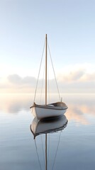Peaceful Sailboat Drifting on Serene Lake with Reflective Waters and Wispy Clouds