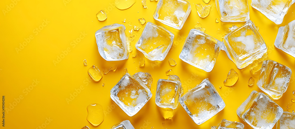 Poster flat lay of transparent ice cubes on a yellow backdrop with ample copy space image