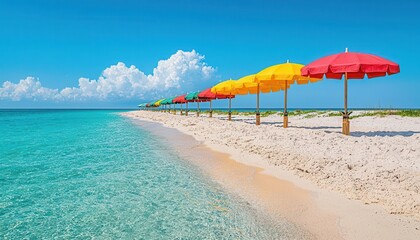 Fototapeta premium Rows of bright parasol umbrellas lined along a pristine sandy beach, the clear blue ocean stretching into the horizon under a radiant summer sky