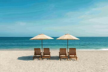 Obraz premium Two parasol umbrellas casting cool shadows over wooden lounge chairs on an empty sandy beach, the blue ocean stretching out under the bright summer sun