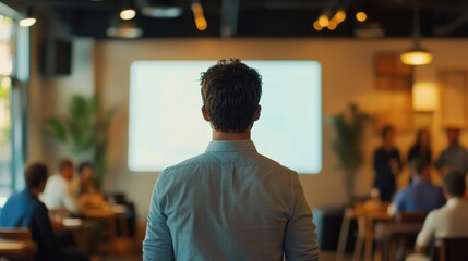 Man Watching Presentation in a Coffee Shop