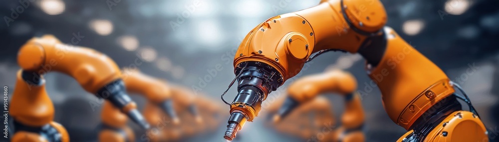 Poster advanced robotic arm in a modern industrial setting, showcasing technology and automation in manufac