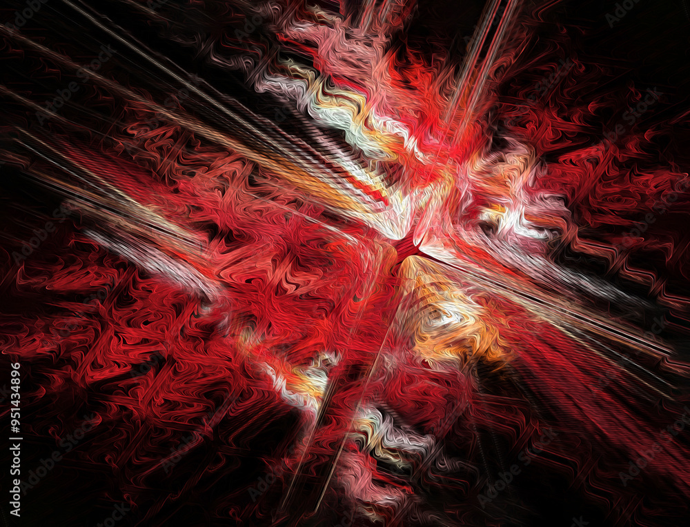 Poster four rays diverge in different directions supporting each other through a red and white wavy texture