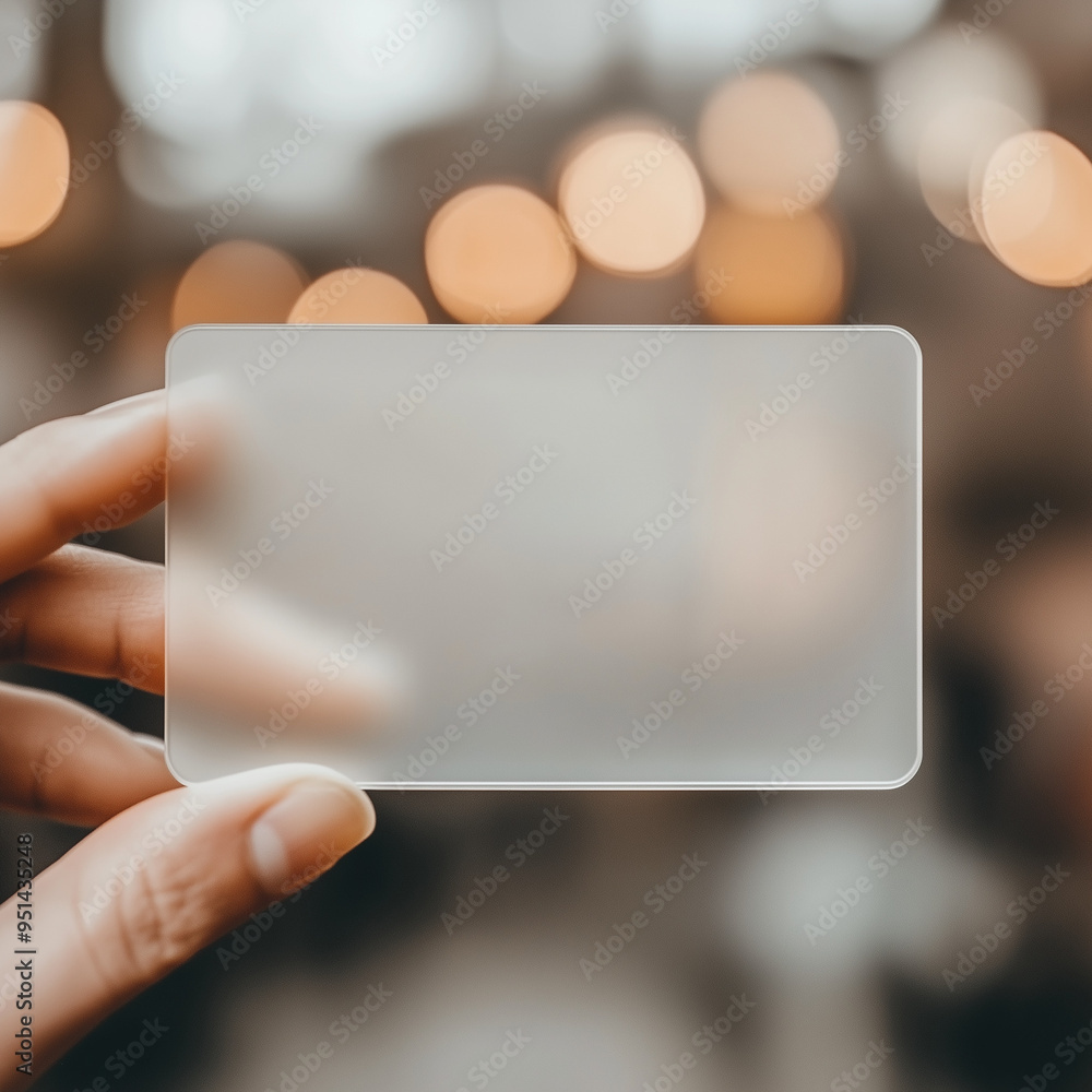 Wall mural hand holding blank transparent business card/ mockup/template in blurred golden bokeh background