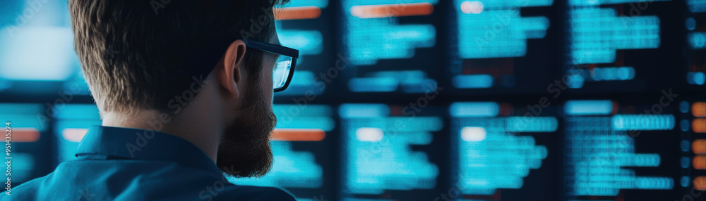 Aufkleber a man with glasses is looking at a computer screen with a lot of numbers