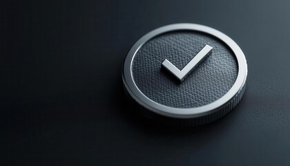 A metallic circular emblem with a 3D effect, featuring a prominent check mark in the middle, radiating authority and trustworthiness, corporate branding, seal of approval