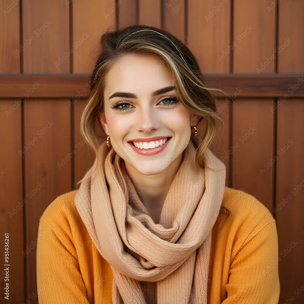 Canvas Prints a young smiling blond woman with long dark hair and a yellow shirt against a blurred baclground, sit in street