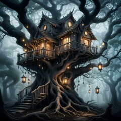 Obraz premium Dark Fantasy Treehouse Scene with Glowing Lanterns and Winding Staircase