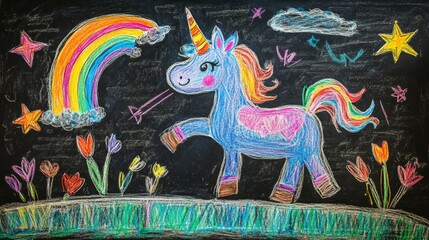 Unicorn Playing in Field, Rainbow, Child's Hand-Drawn Art