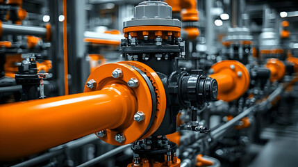 Obraz premium Close Up of Industrial Piping System with Orange and Black Pipes and Valves in a Factory or Manufacturing Facility
