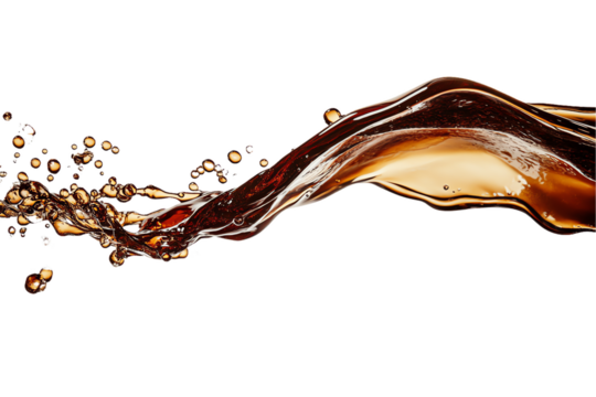 Dynamic Cola Splash: Amber Wave with Suspended Bubbles