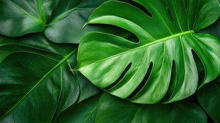 Vibrant Monstera Leaf close-up - Tropical Botanical Background