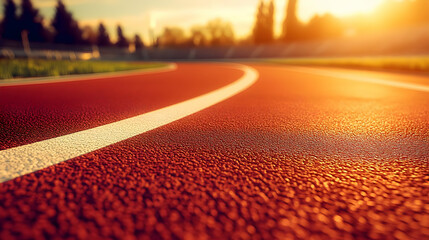 Close-up View of a Red Running Track with White Line,  Golden Hour Sunlight,  Athletic Track,  Running Track,  Red Track,  Track and Field,  Sports,  Outdoor Sports,  Exercise,  Fitness
