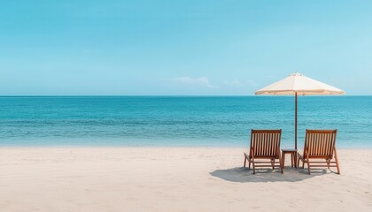 Empty sandy beach with two wooden lounge chairs under parasol umbrellas, facing the calm blue sea, capturing a peaceful summer day