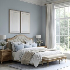 Serene Bedroom with Calming Blue Tones and Gentle Lighting Cozy King size Bed Ornate Wooden Furniture and Tranquil Garden Views