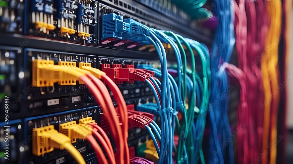 Poster neatly arranged network patch panels with organized cabling in a sophisticated data center environme