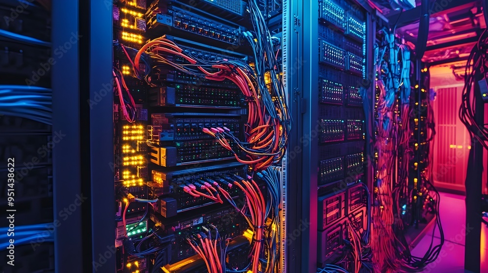 Poster neatly organized network patch panels and structured cabling system in a professional data center fa