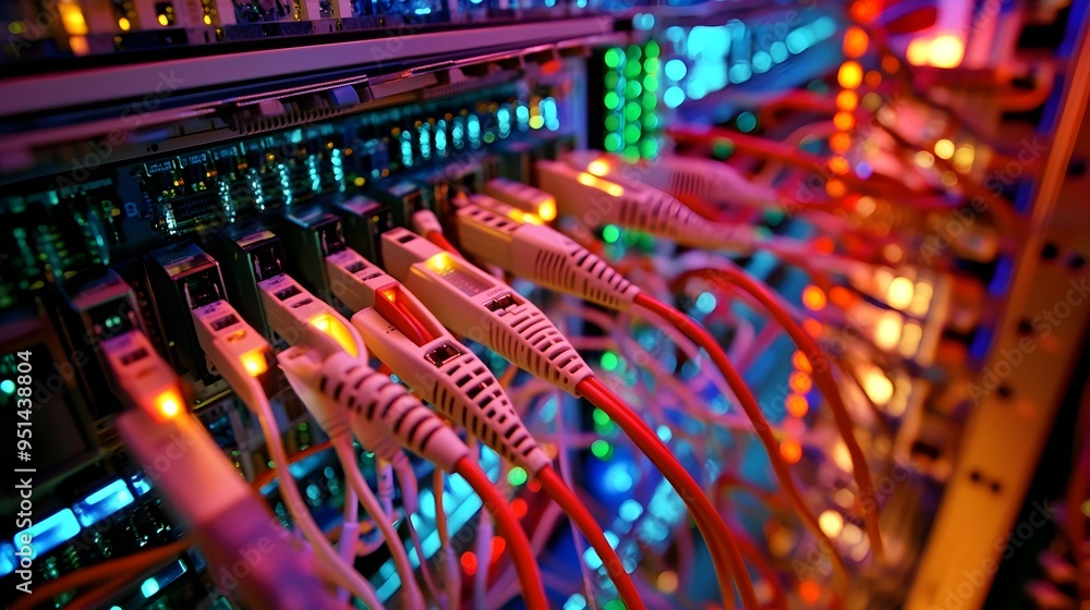 Poster fiber optic cables interconnected with networking equipment servers and other hardware inside a mode