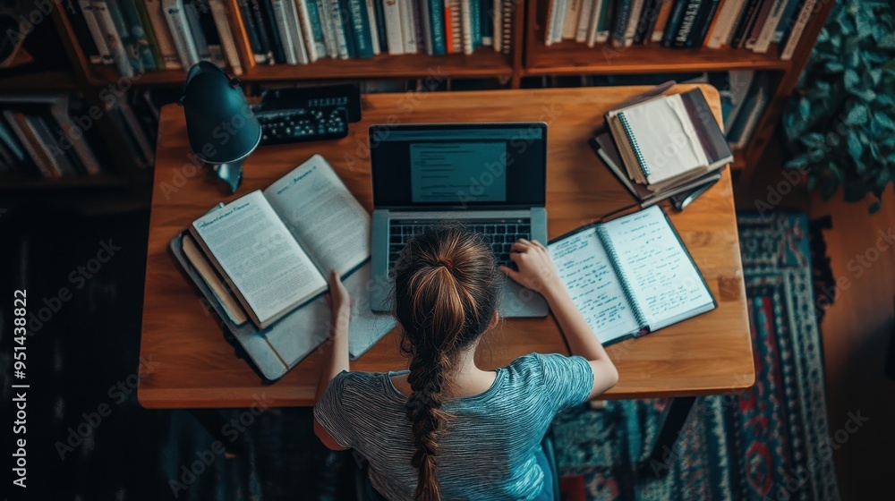 Poster studious student: immersed in knowledge and productivity