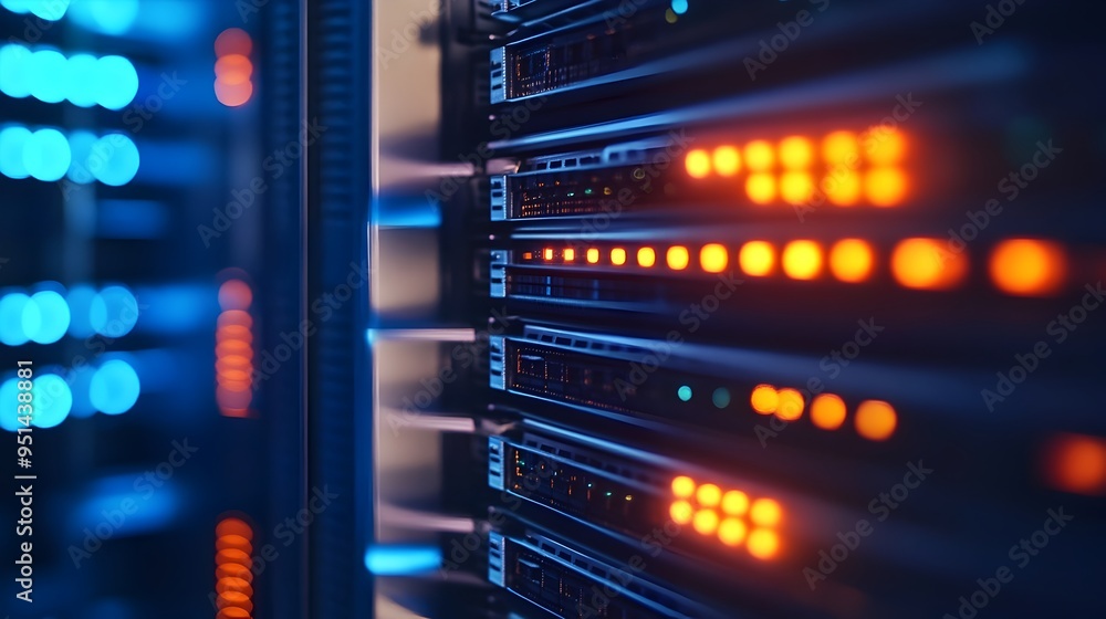 Poster networking switches in a data center rack powering advanced it infrastructure for high speed connect