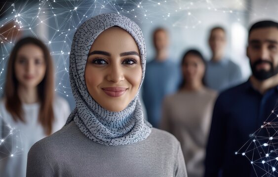 A diverse team participates in a business conference led by a Muslim woman with digital technology and colorful elements creating an innovative atmosphere