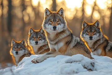 Alpha male gray wolf leading pack through snowy forest