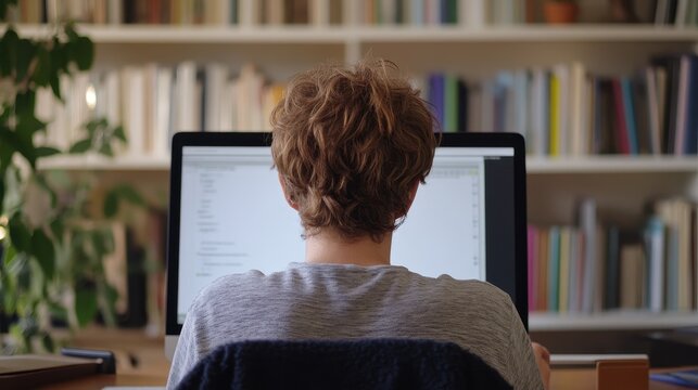 Focused Student Working at Computer in Home Study