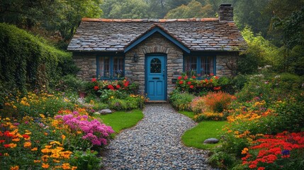 Picturesque stone cottage surrounded by a colorful garden in bloom
