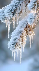 Snow and ice clinging to a pine tree branch on a cold winter day